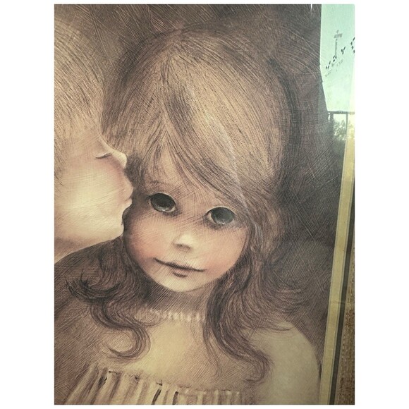 Margaret Keane A Little Kiss Big Eyes Boy Girl Framed MCM Vintage Art - Picture 7 of 16